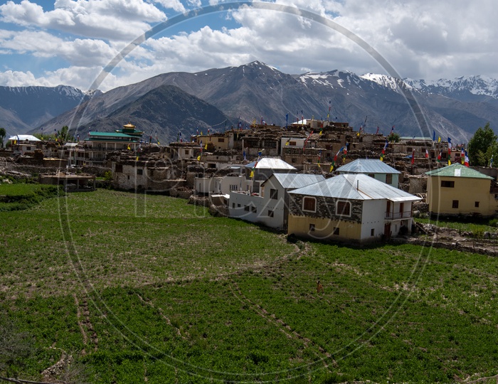 Snow Capped Mountains of Spiti Valley with agriculture fields and houses
