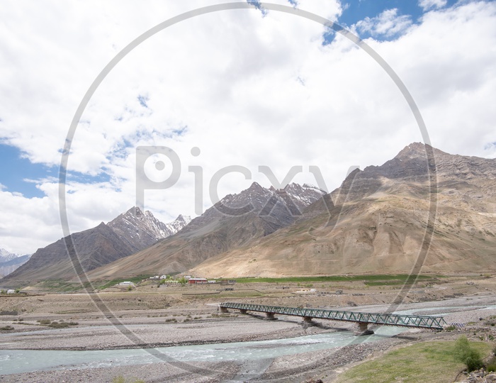 Snow Capped Mountains of Spiti Valley with water flow in the foreground