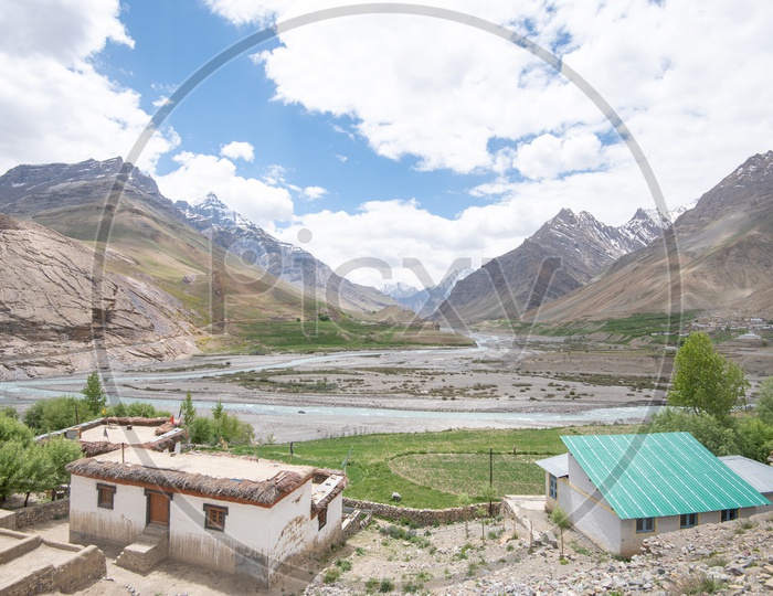 Houses and farm lands beside the Spiti river in Spiti Valley