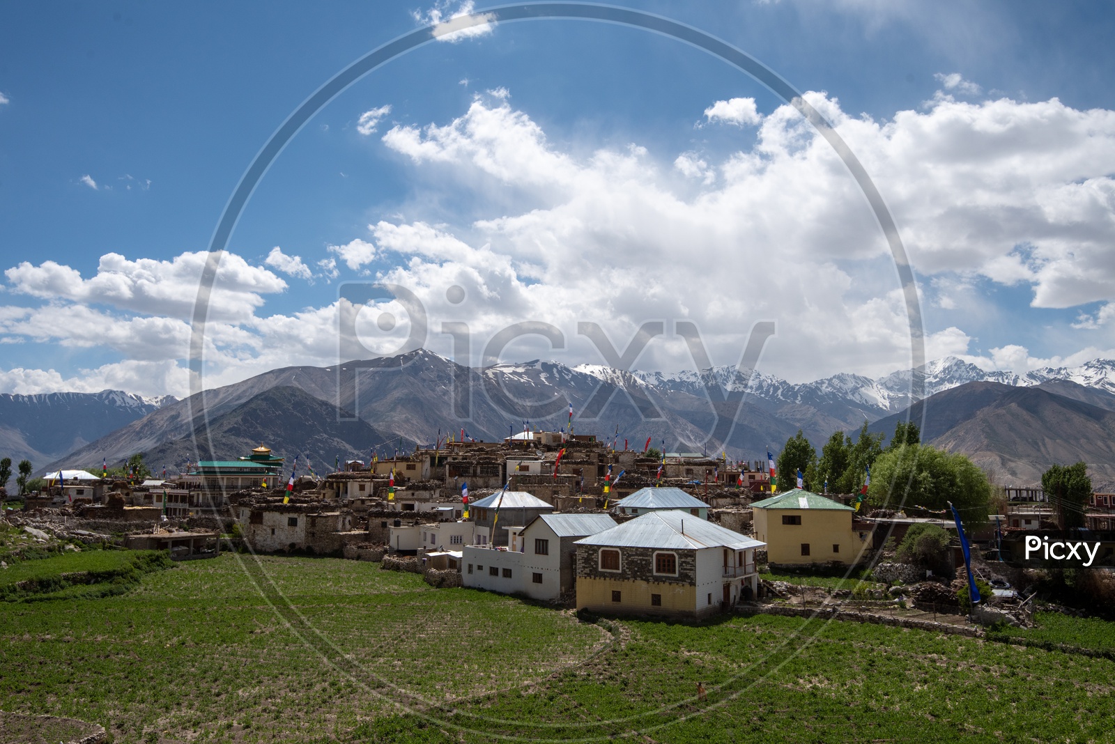 Snow capped Mountains of Spiti Valley with houses and agriculture fields