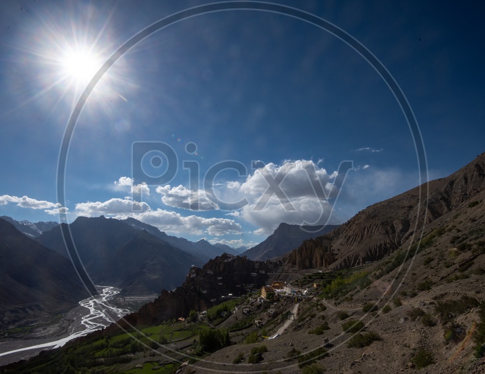 Key Monastery and houses beside Spiti river in Spiti Valley