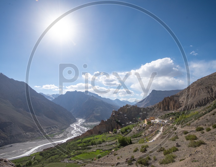 Key Monastery and houses beside Spiti river in Spiti Valley