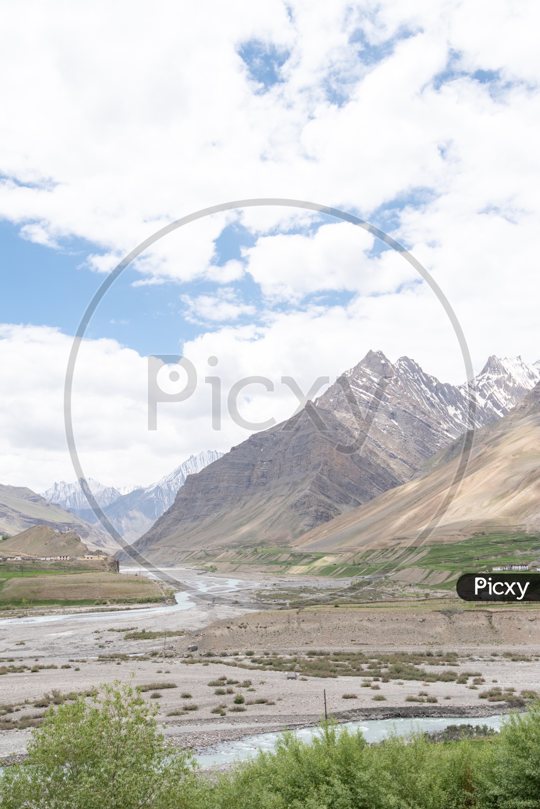 River in Spiti Valley with mountains in the background