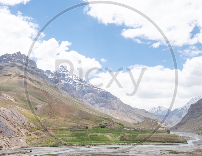 Agricultural farm lands beside Spiti river in Spiti Valley