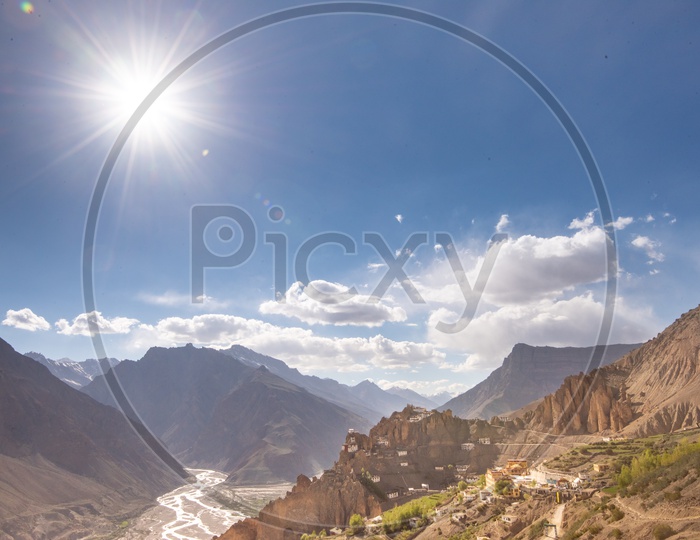 KeKey Monastery and houses beside Spiti river in Spiti Valley