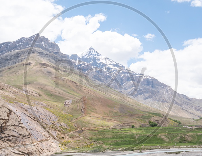 Spiti river with mountain peaks in the background in Spiti Valley