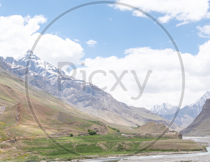 Agricultural farm lands and houses beside Spiti river in Spiti Valley
