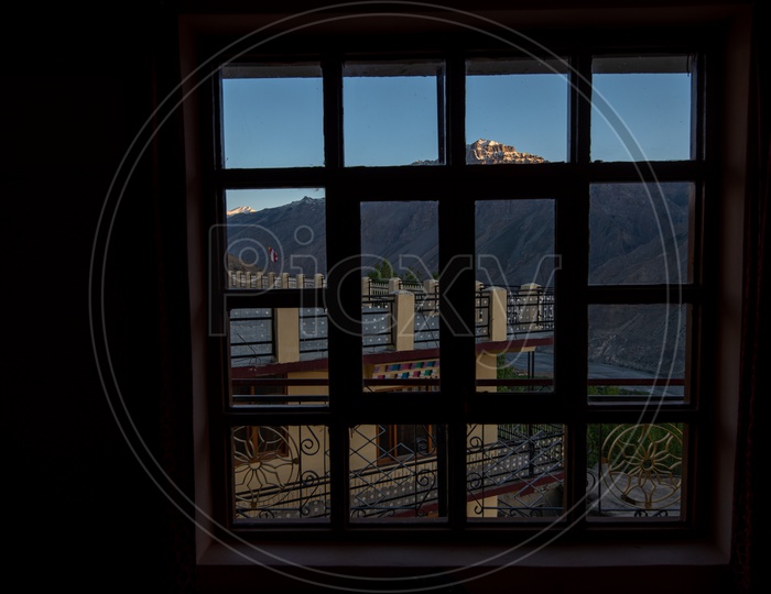 View of a mountain peak from a window