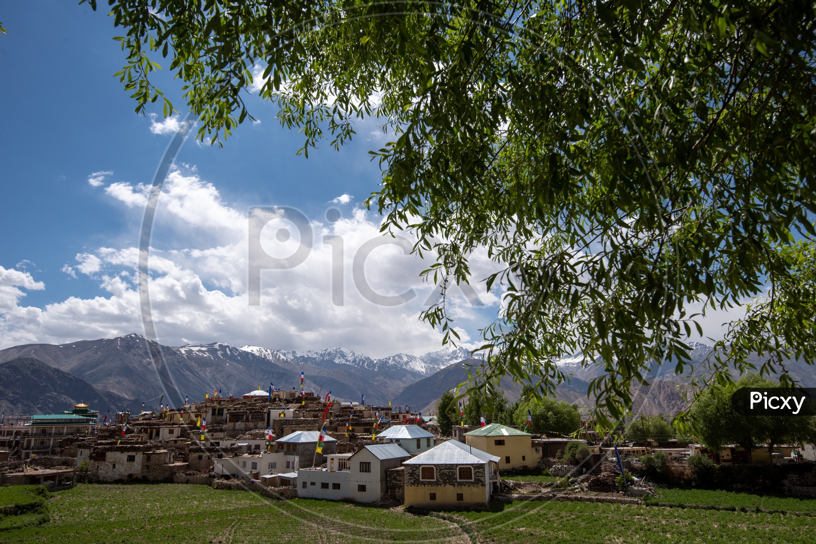 Snow Capped mountains of Spiti Valley with houses