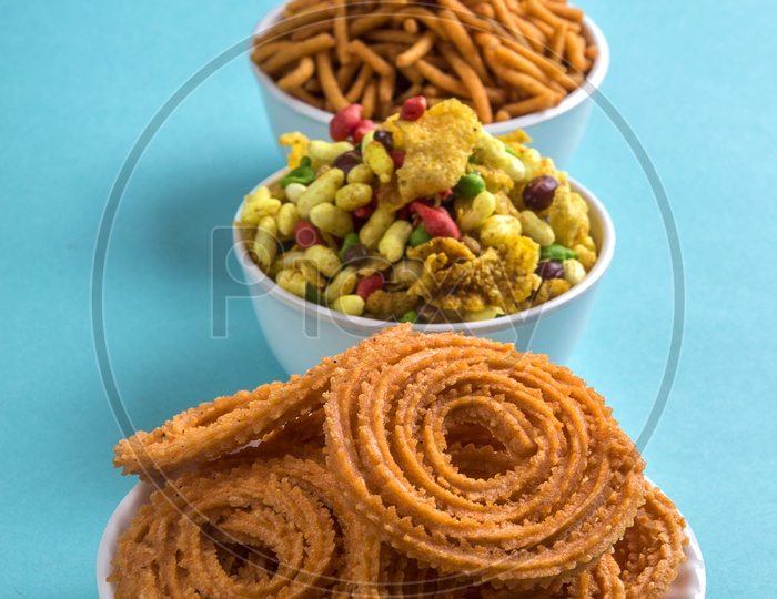 Chakli, chakali or Murukku and Besan (Gram flour) Sev and chivada or chiwada