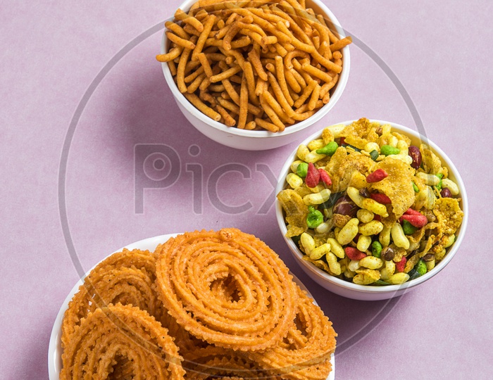 Chakli, chakali or Murukku and Besan Sev and chivada or chiwada