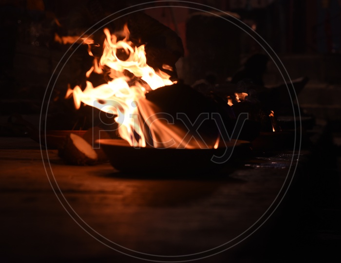 Indian Hindu Devotees Burn Camphor  ( Aarthi Plate )  At Temple Premises