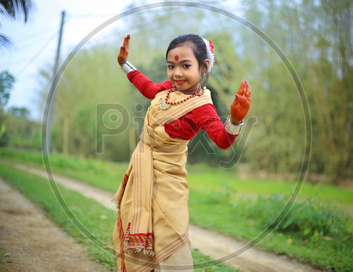 Girl dancing Bihu in Assam.