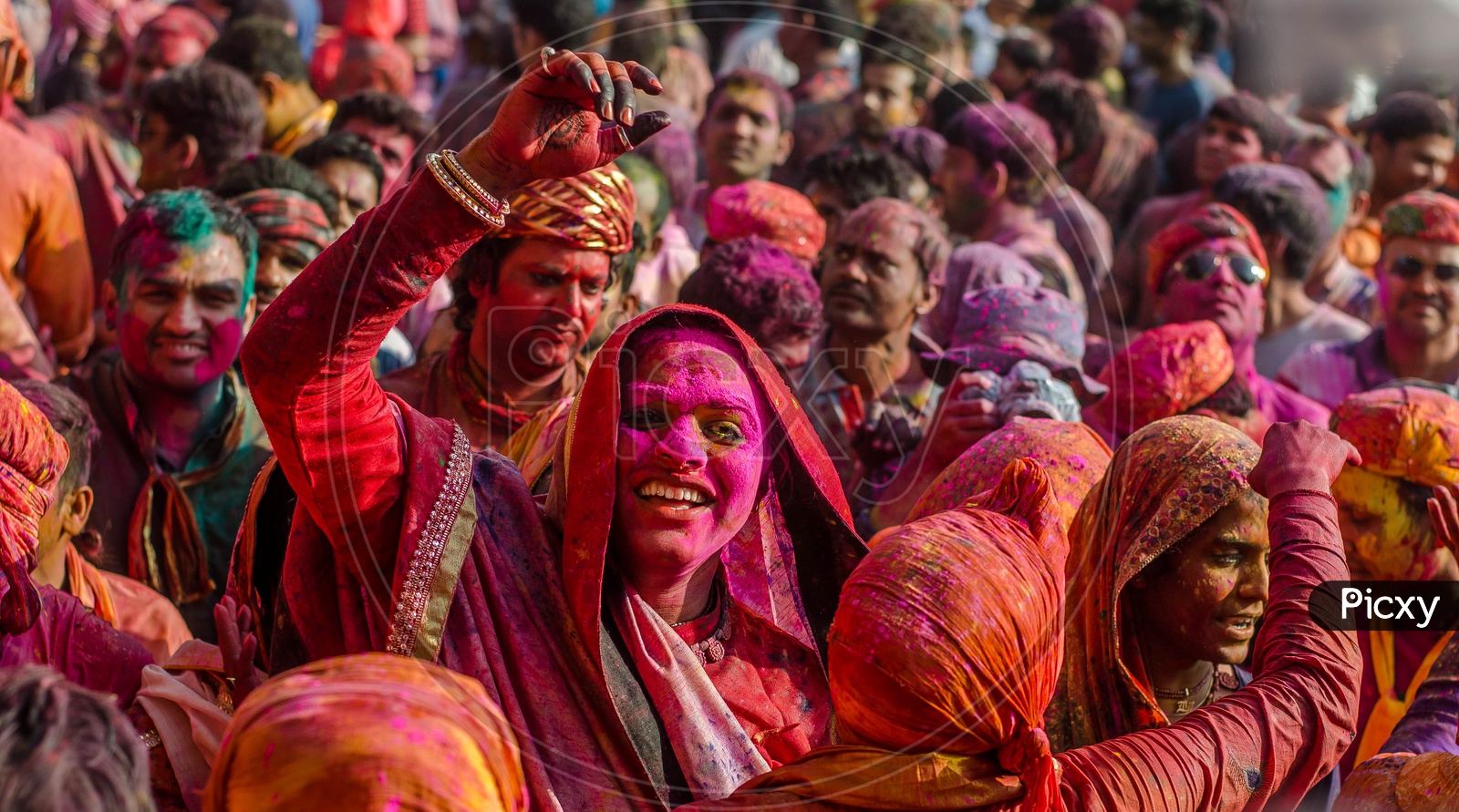People celebrating Holi in Barsana