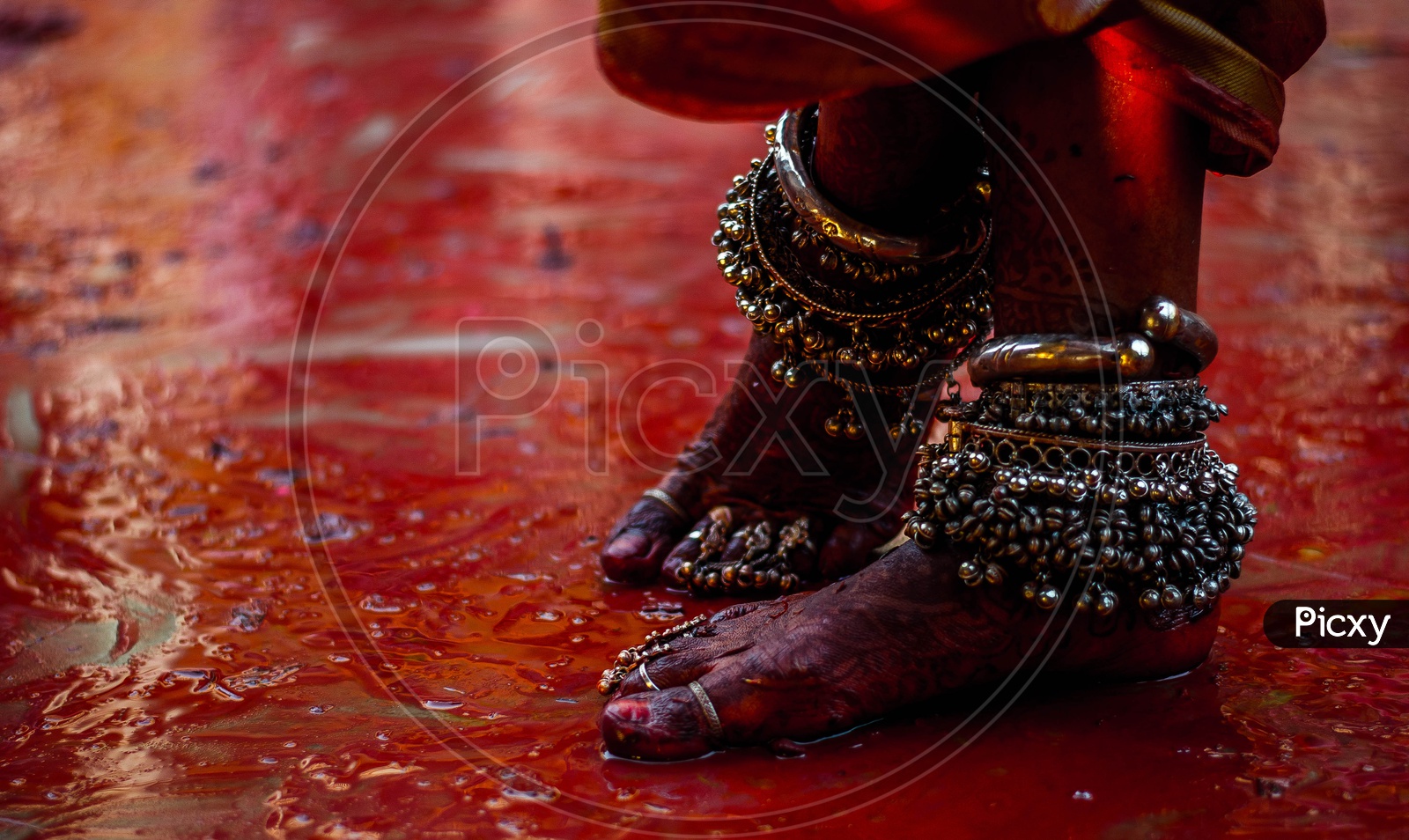 Indian Traditional Woman Wearing Anklets On Legs In Lathmar Holi