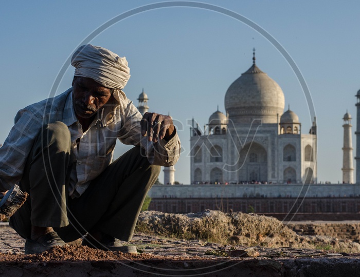 A Worker Doing Construction Work at Taj Mahal