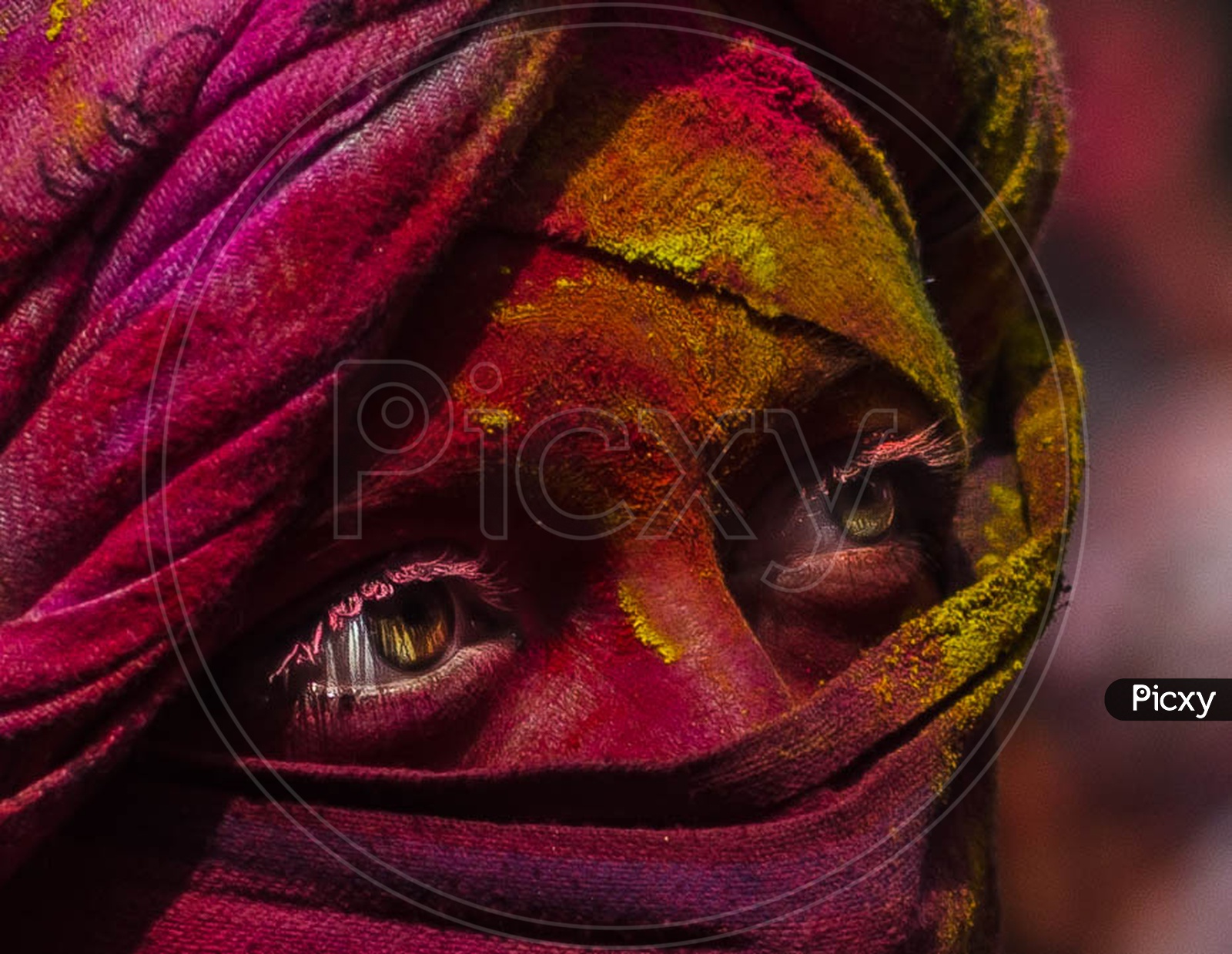 Eyes Of an Young Man Filled In Holi Colors Wearing Mask