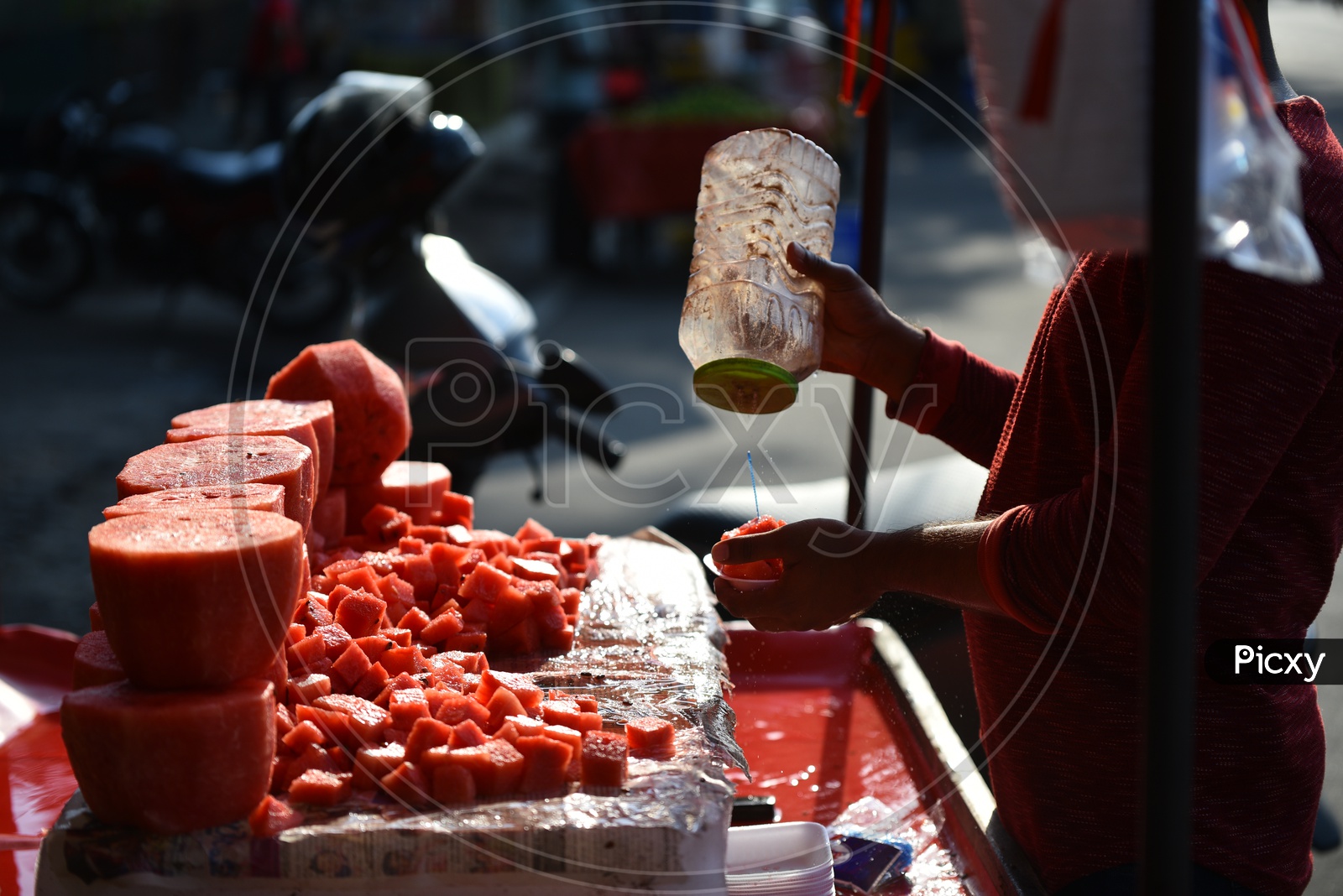 Street Vendor Stalls Of Watermelon Pieces at Roadsides for Summer
