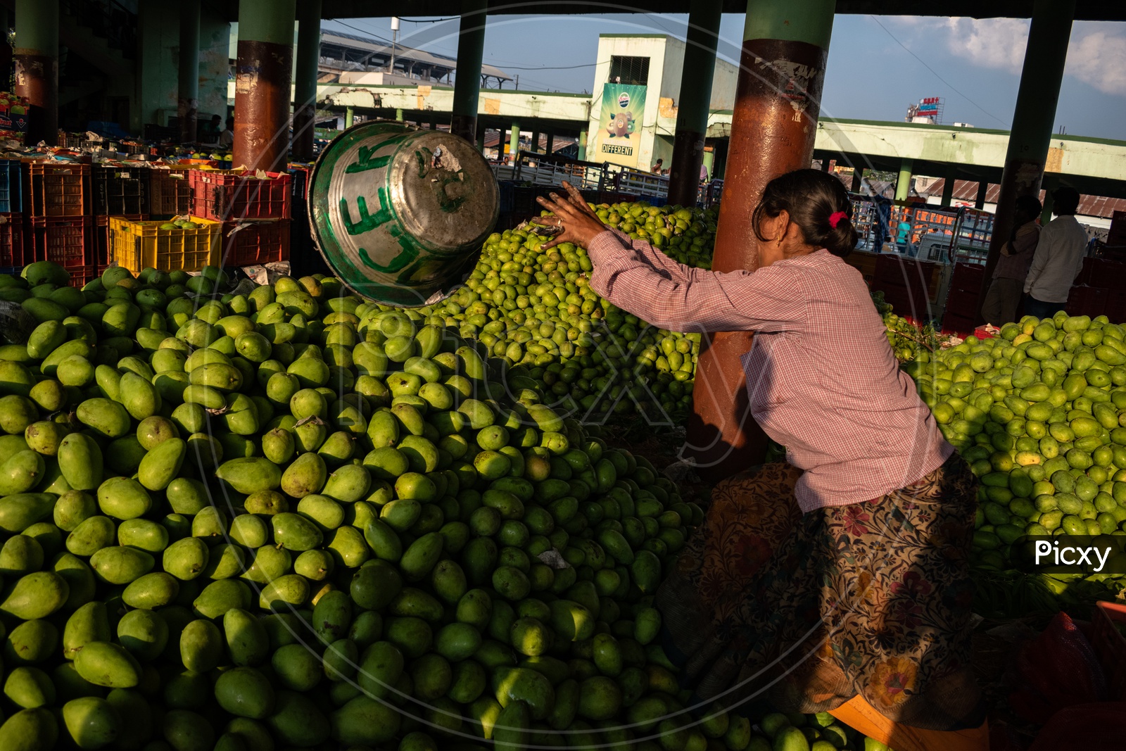 Image of Farmers unloading the mangoes stock at Kothapet fruit market