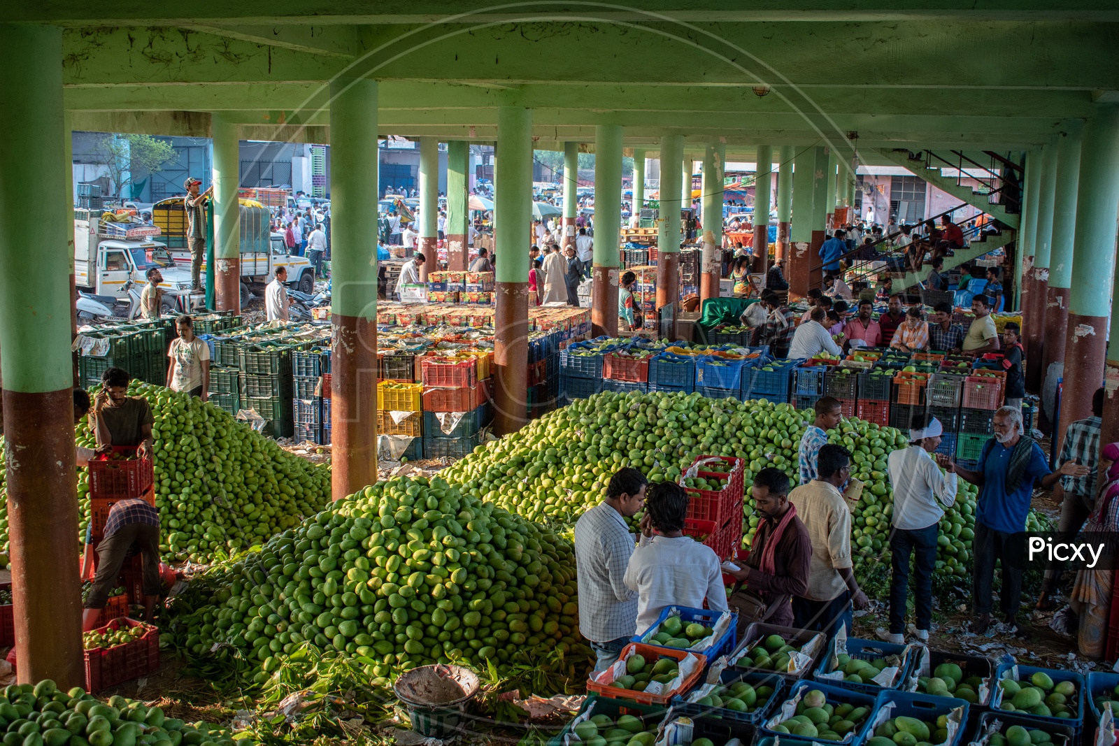 Image of Farmers unloading the mangoes stock at Kothapet fruit market