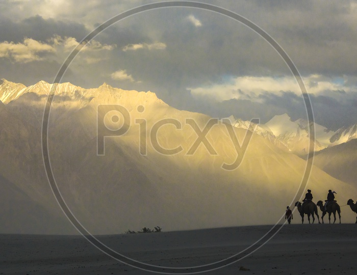 Silhouette Of Tourists Taking Camel Rides On Sand Dunes Of Nubra Valley  With Mountain Ranges In Background