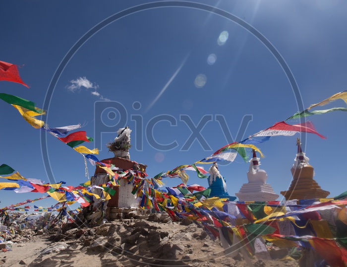 Colorful Tibetan Flags At the  Shanti Stupas  By The Buddhist Temples in the Valleys Of Leh