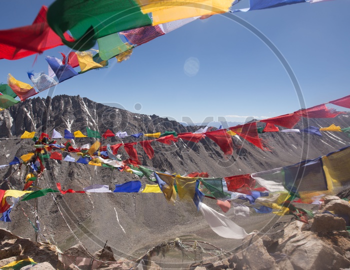 Colorful Tibetan Flags At The Buddhist Temples in The Valleys Of Leh