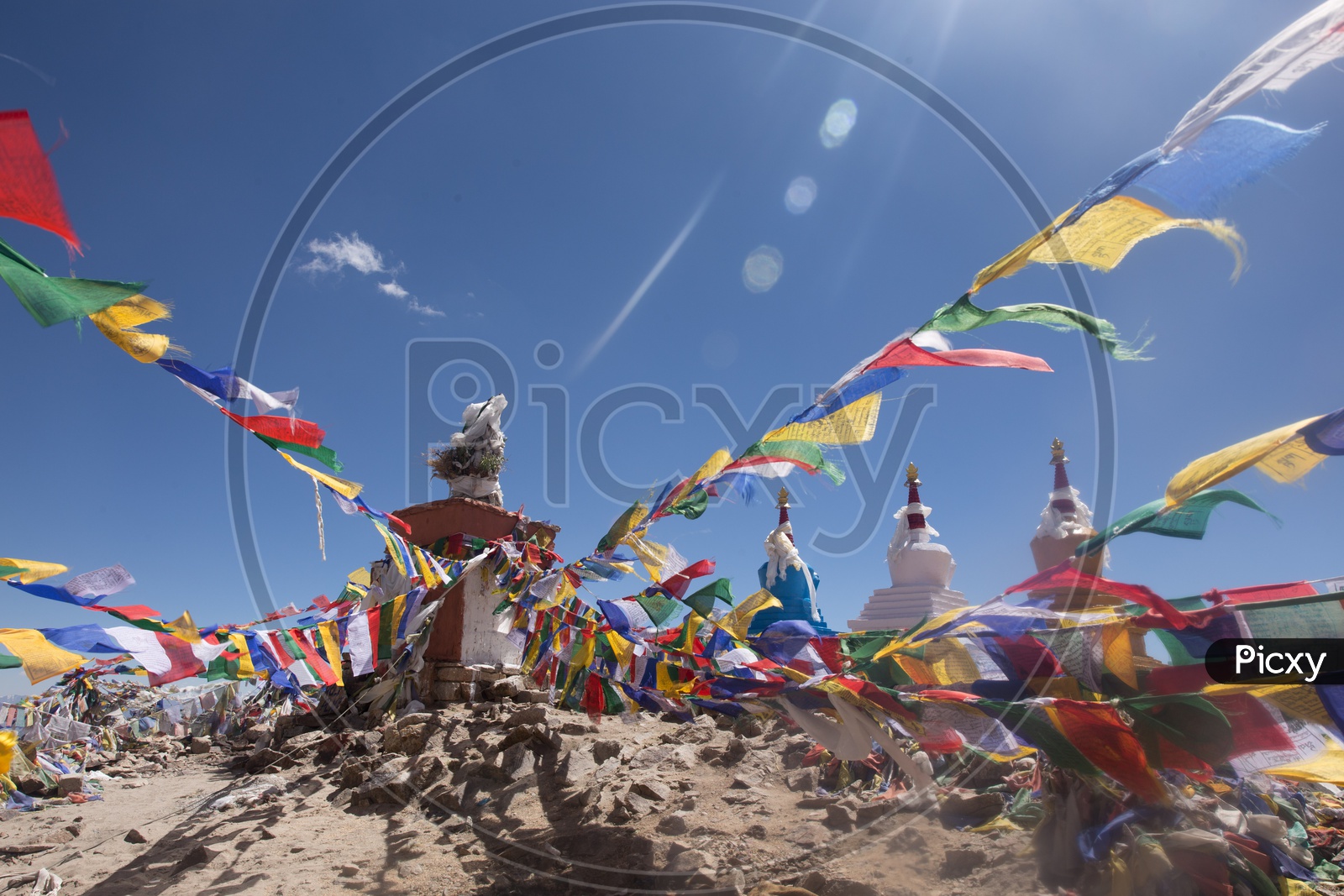 Colorful Tibetan Flags At the  Shanti Stupas  By The Buddhist Temples in the Valleys Of Leh