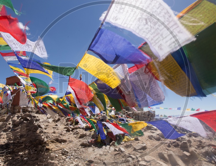 Colorful Tibetan Flags At The Buddhist Temples In Leh Valleys