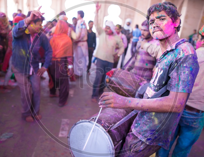 Local People In Sri Radha Rani Temple Permise Playing Drums  Celebrating Lathmar Holi  in Barsana