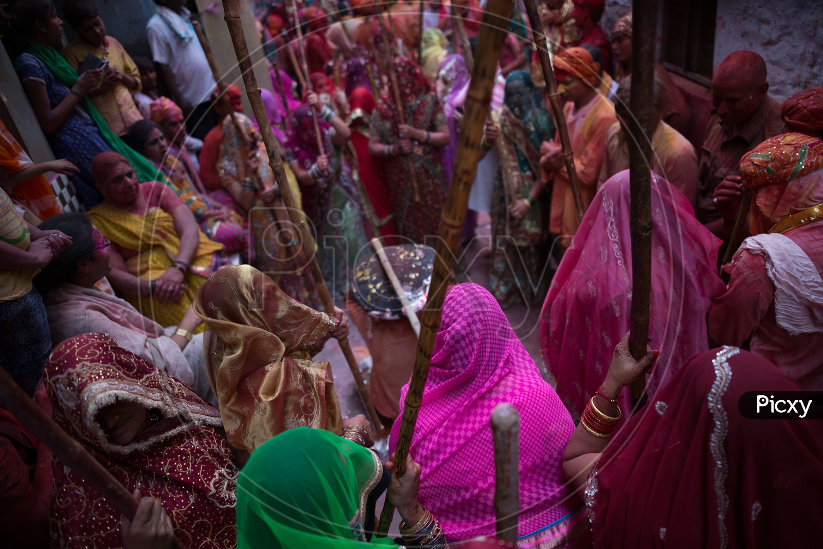 People celebrating Holi festival in Barsana