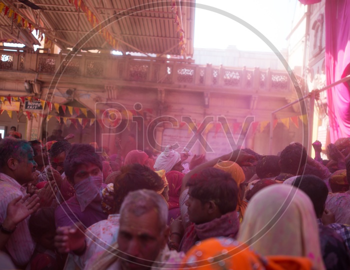 Local People In Sri Radha Rani Temple Permise Celebrating Lathmar Holi  in Barsana