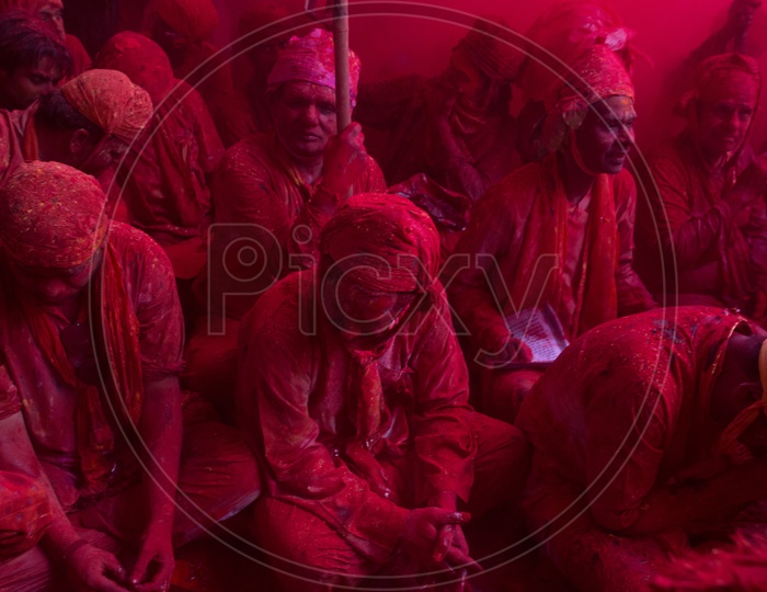 People Filled In Colors Celebrating Lathmar Holi  A Festival Of Colors In Barsana
