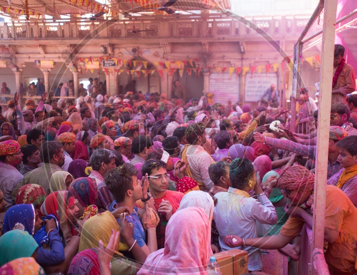 Devotees Filled In Colors  in Sri Radha Rani  Temple on Holi Day