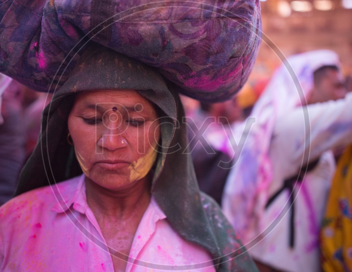 A Local Woman  Filled In Holi Colors in Sri Radha Rani  Temple  Celebrating Lathmar Holi