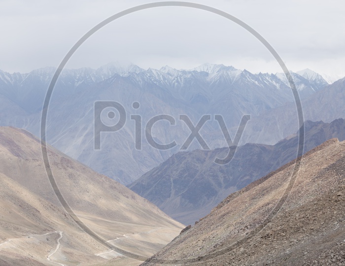Landscape view of snow capped Mountains of leh