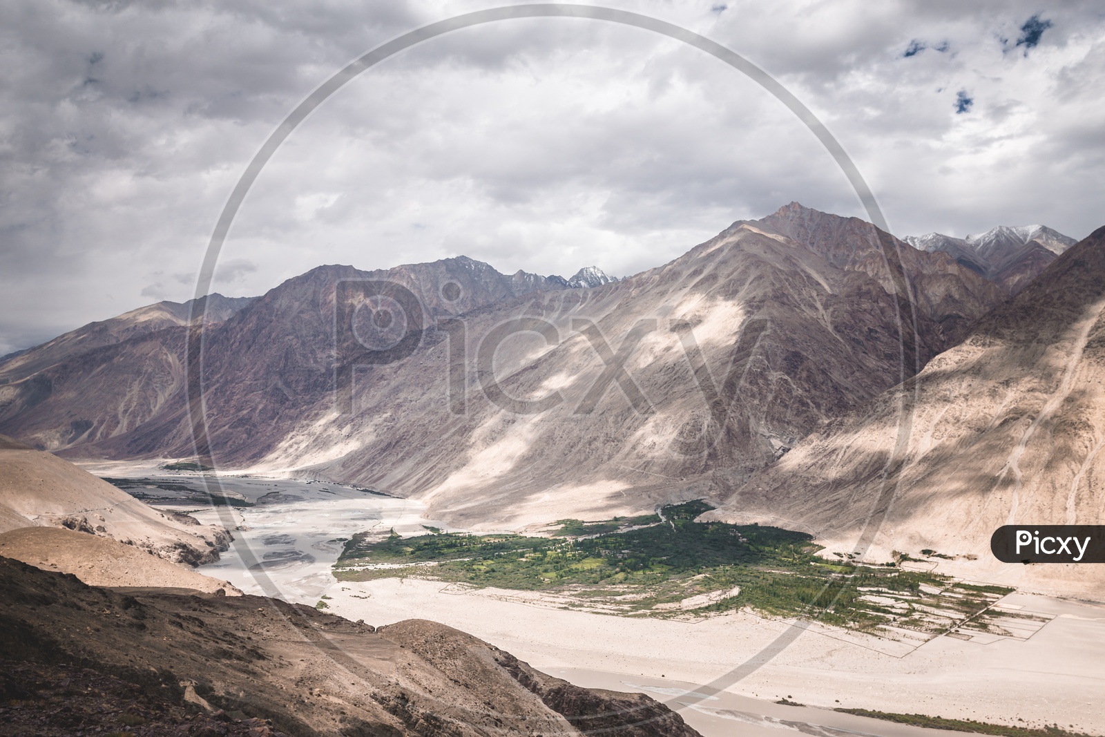 Landscape view of snow capped Mountains of leh
