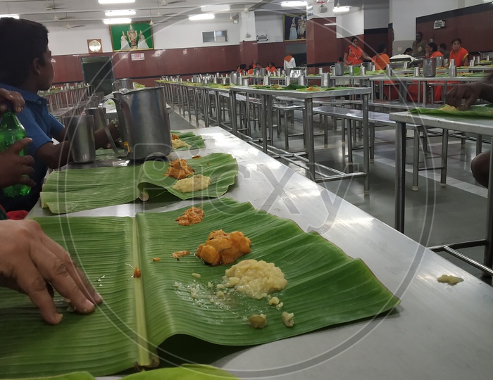 South Indian Styled Lunch Or Dinner Or Food Served On Banana Leaf