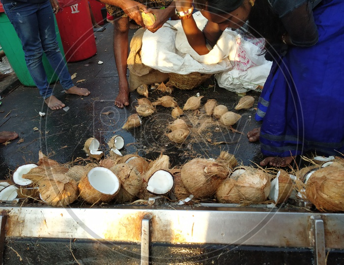 Devotees Breaking Dried Coconuts At Hindu Temples