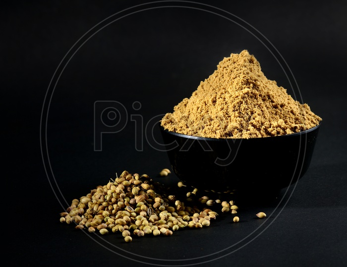 Coriander Powder and Coriander seeds on black background