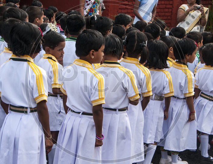 School Children Standing in Lines During Assembly Sessions in School On Independence Day