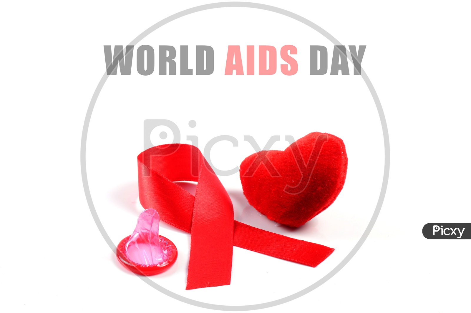Aids ribbon, condom and heart on white background.