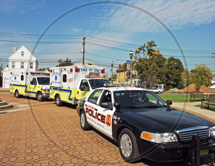 Carteret police car and fire department vehicles