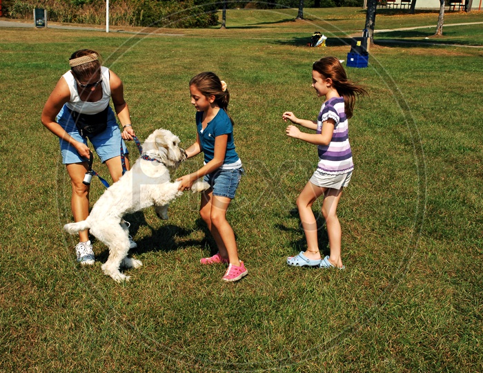 Young girls playing with dog