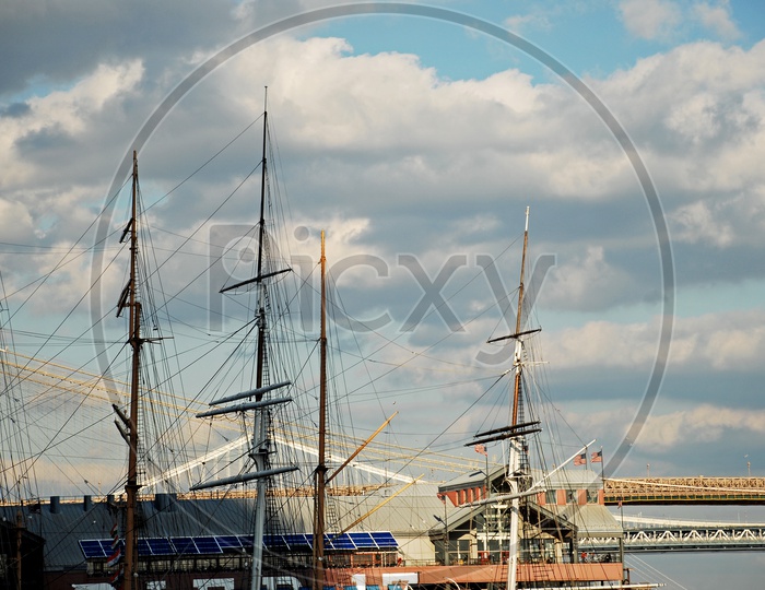 Historic ships in East river near Manhattan bridge