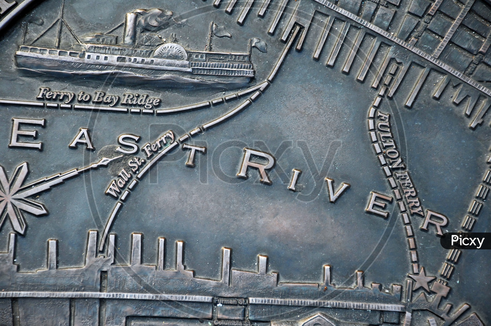 Map of Fulton Ferry on metal surface