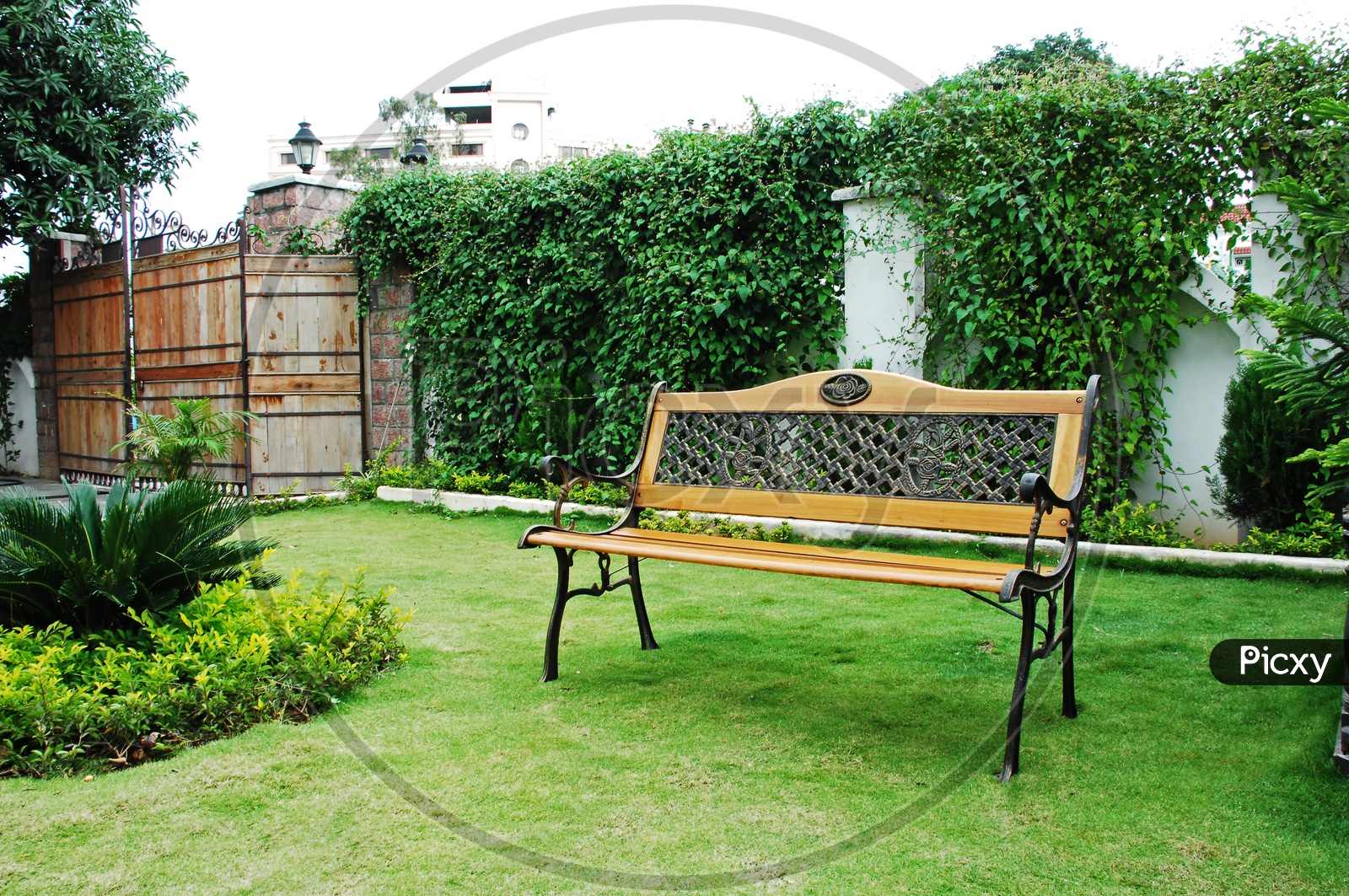 Wooden Bench In a House Lawn