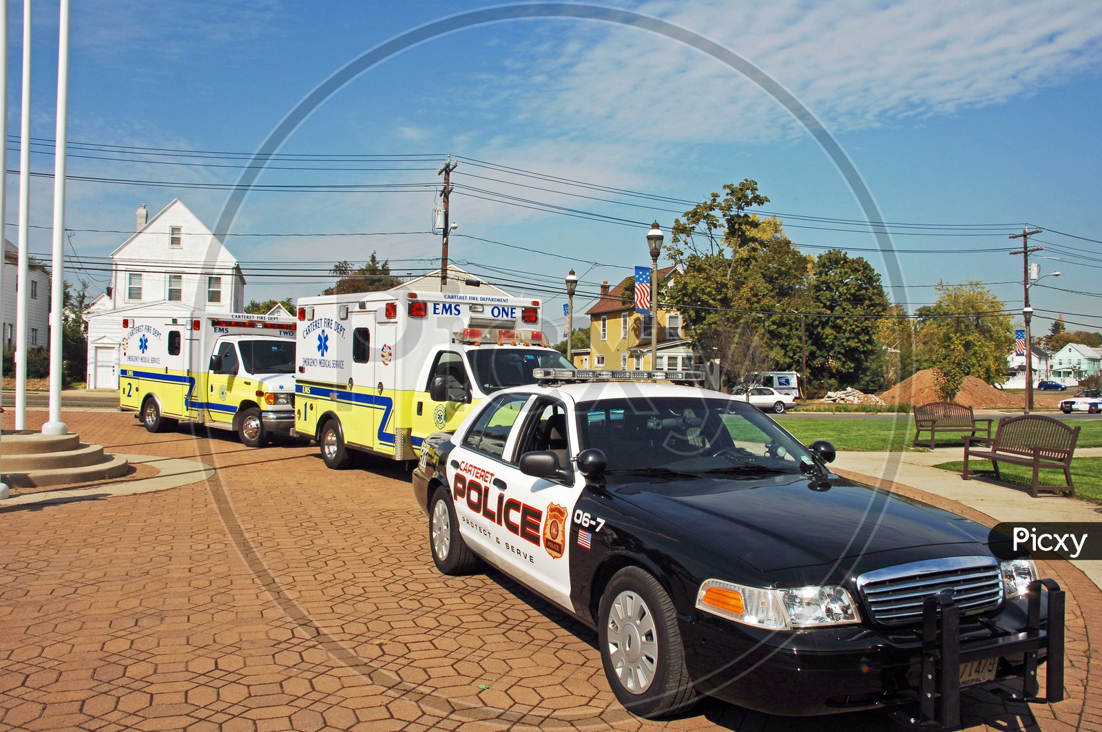 Carteret police car and fire department vehicles