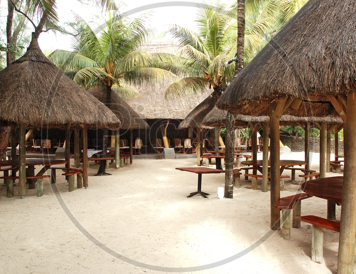 Huts in the resort by the beach