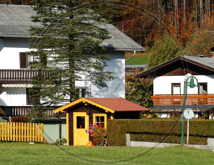 Wooden houses alongside the Alpines
